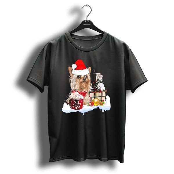 Cute Yorkshire Terrier With Santa Hat Christmas Hot Cocoa Milk And Ornaments T Shirt 1 t shirt 1