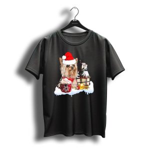 Cute Yorkshire Terrier With Santa Hat Christmas Hot Cocoa Milk And T-Shirt
