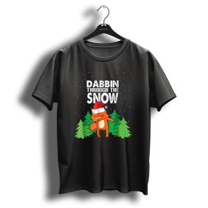 Dabbin Through The Snow Ugly Christmas Fox With Santa Hat And Trees T Shirt