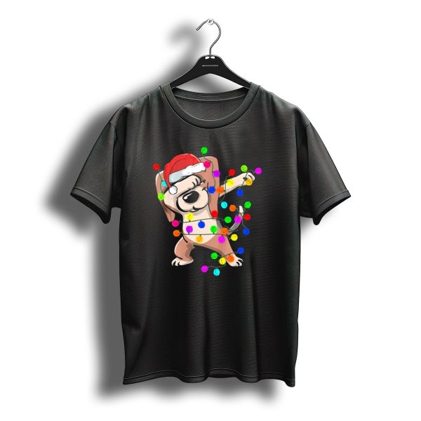 Dabbing Beagle Wrapped In Colorful Christmas Lights With Santa Hat T Shirt t shirt 1