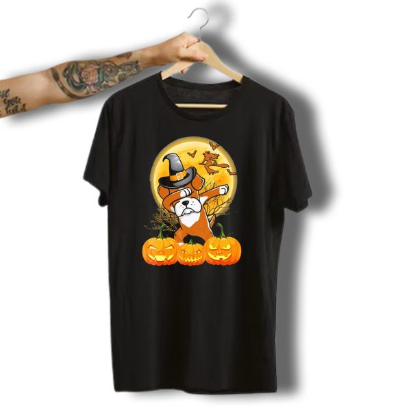 Dabbing Boxer Dog Halloween Pumpkins Witch Hat Full Moon Scene T Shirt t shirt 1