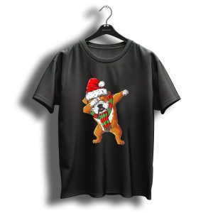 Dabbing English Bulldog Christmas Santa Hat And Scarf T Shirt