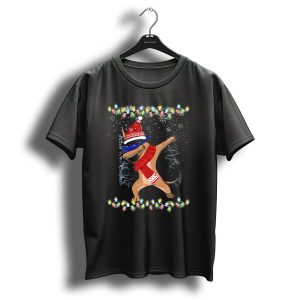 Dabbing German Shepherd In Santa Hat With Christmas Lights And Snowflakes T Shirt