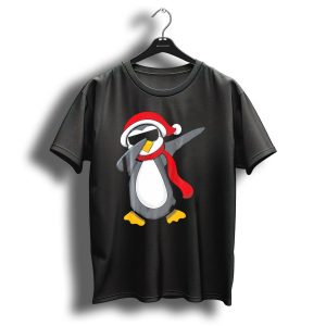 Dabbing Penguin Christmas Mornin Santa Hat Scarf Holiday Fun T Shirt