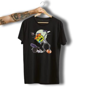 Dabbing Pirate Monster Skeleton With Football And Halloween Cauldron T-Shirt