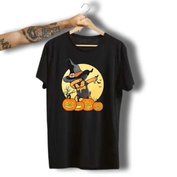 Dabbing Rottweiler Halloween Witch Hat Pumpkins Full Moon Bats T Shirt t shirt 1