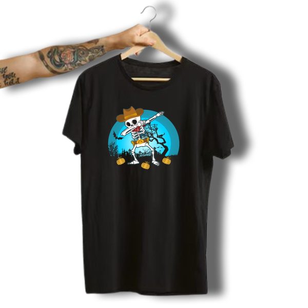 Dabbing Skeleton Cowboy Hat Halloween Pumpkin Graveyard Scene T Shirt t shirt 1