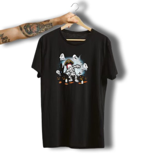 Dabbing Skeleton Pirate With Ghosts And Pumpkins Halloween Funny T Shirt t shirt 1 2
