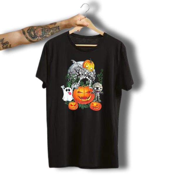 Dabbing Skeleton Pumpkin Ghost Mummy Halloween Moon Scene T Shirt t shirt 1 1