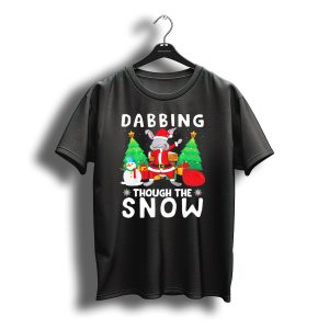 Dabbing Through The Snow Rabbit Christmas Scene With Santa Hat And Gifts T-Shirt