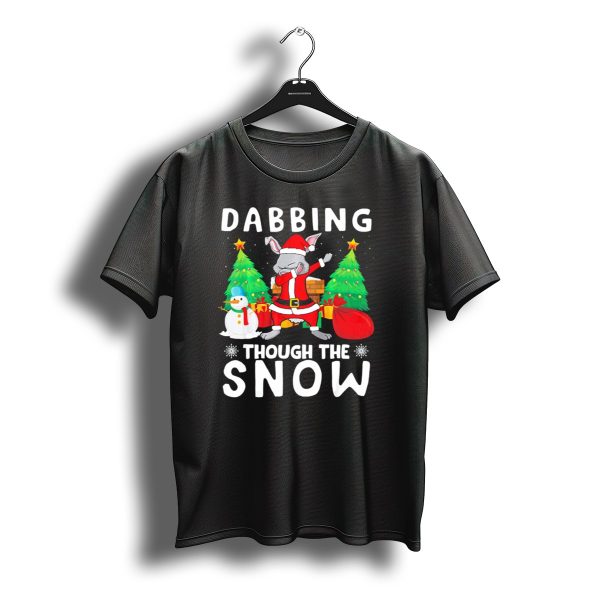 Dabbing Through The Snow Rabbit Christmas Scene With Santa Hat And Gifts T Shirt t shirt 1