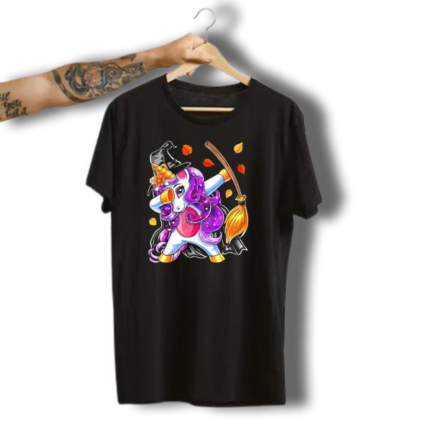 Dabbing Unicorn Halloween Witch With Magical Broom And Autumn Leaves T Shirt 1 t shirt 1