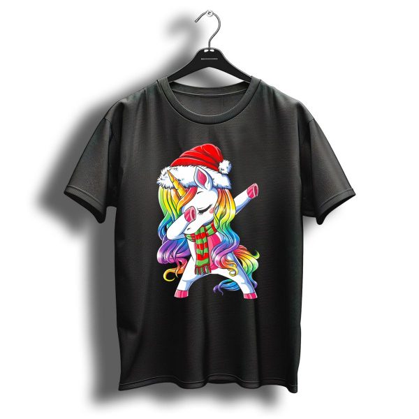 Dabbing Unicorn In Santa Hat With Rainbow Mane And Scarf For Christmas Girls T Shirt 1 t shirt 1