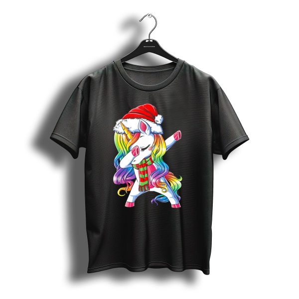 Dabbing Unicorn In Santa Hat With Rainbow Mane And Scarf For Christmas Girls T Shirt t shirt 1