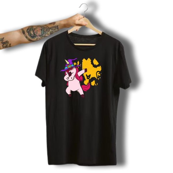 Dabbing Unicorn Witch With Halloween Black Cat And Bat Scene T Shirt t shirt 1