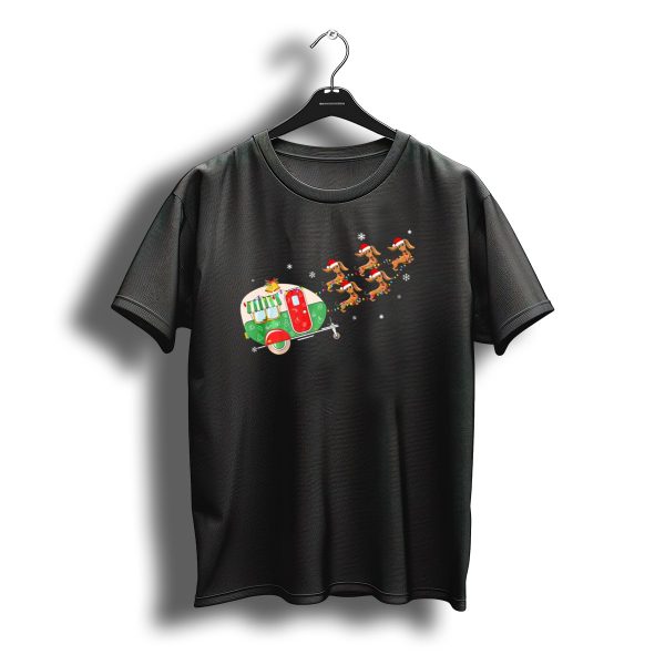 Dachshund Christmas Camper Sleigh With Santa Hats And Snowflakes T Shirt t shirt 1