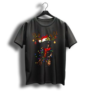 Dachshund Christmas Reindeer With Santa Hat And Lights T Shirt