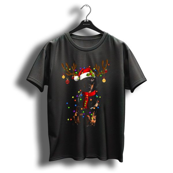 Dachshund Christmas Reindeer With Santa Hat And Lights T Shirt 1 t shirt 1
