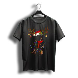 Dachshund Christmas Reindeer With Santa Hat And Lights T-Shirt