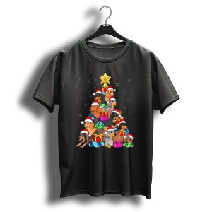Dachshund Christmas Tree With Santa Hats And Gifts In Snowfall T Shirt