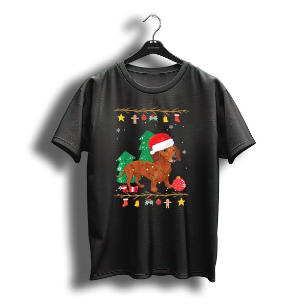 Dachshund Festive Christmas Lights With Santa Hat And Holiday Decorations T Shirt t shirt 1