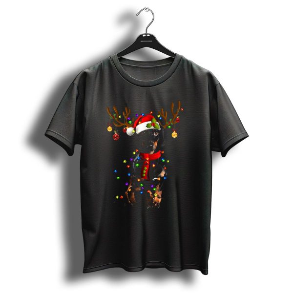 Dachshund In Christmas Hat With Reindeer Antlers And Holiday Lights T Shirt 1 t shirt 1