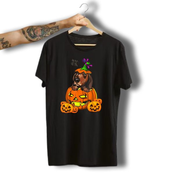 Dachshund In Pumpkin With Halloween Jack O Lanterns And Bat T Shirt t shirt 1