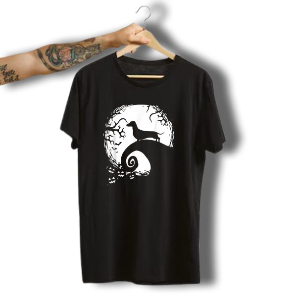 Dachshund On Curled Hill With Halloween Moon And Pumpkins For Dachshund Lovers T Shirt t shirt 1