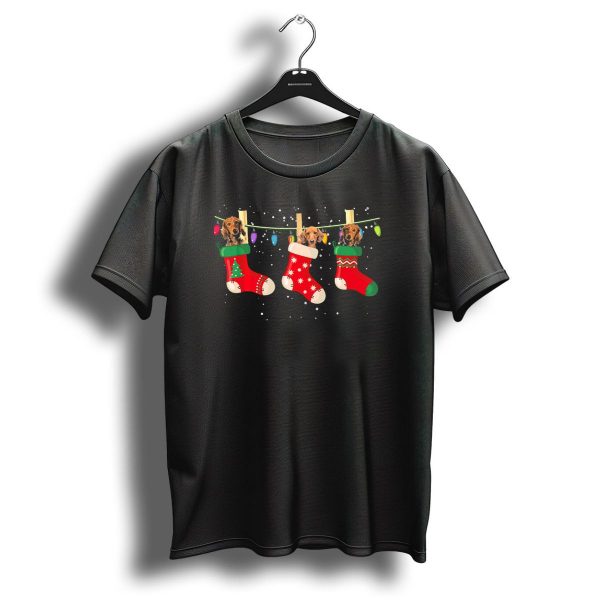 Dachshund Puppies In Christmas Stockings With Festive Lights Snowflakes T Shirt 1 t shirt 1