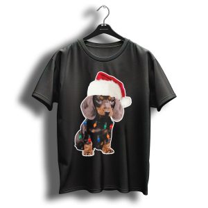 Dachshund Puppy With Santa Hat And Christmas Lights T Shirt