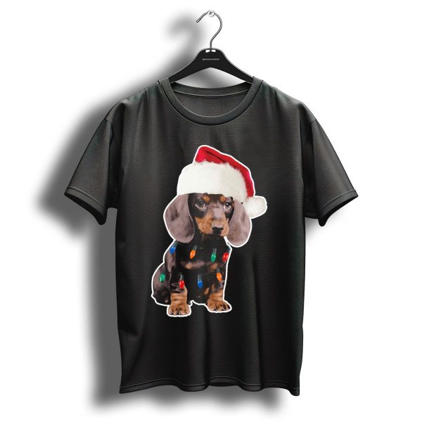 Dachshund Puppy With Santa Hat And Christmas Lights T Shirt 1 t shirt 1