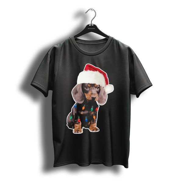 Dachshund Puppy With Santa Hat And Christmas Lights T Shirt t shirt 1