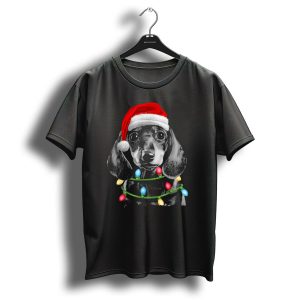 Dachshund Santa Hat Wrapped In Christmas Tree Lights T Shirt