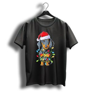 Dachshund Santa Wrapped In Christmas Tree Lights T Shirt