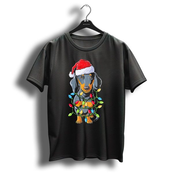 Dachshund Santa Wrapped In Christmas Tree Lights T Shirt 1 t shirt 1
