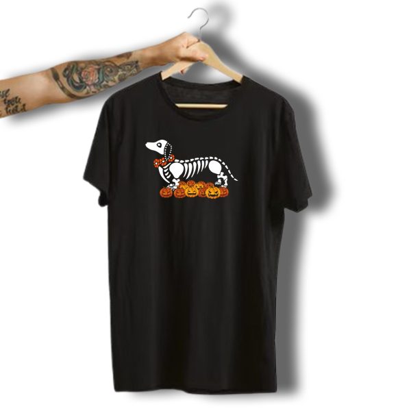 Dachshund Skeleton With Halloween Pumpkin Jack O Lanterns T Shirt t shirt 1