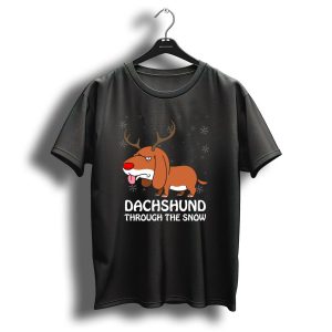 Dachshund Through The Snow Christmas Pun Dog With Antlers And Snowflakes T-Shirt