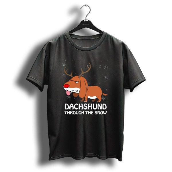 Dachshund Through The Snow Christmas Pun Dog With Antlers And Snowflakes T Shirt 1 t shirt 1