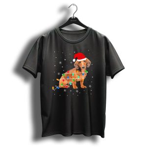 Dachshund Wrapped In Christmas Lights With Santa Hat And Snowflakes T Shirt