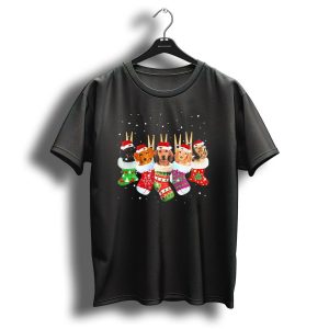 Dachshunds In Santa Hats Inside Colorful Christmas Socks T Shirt
