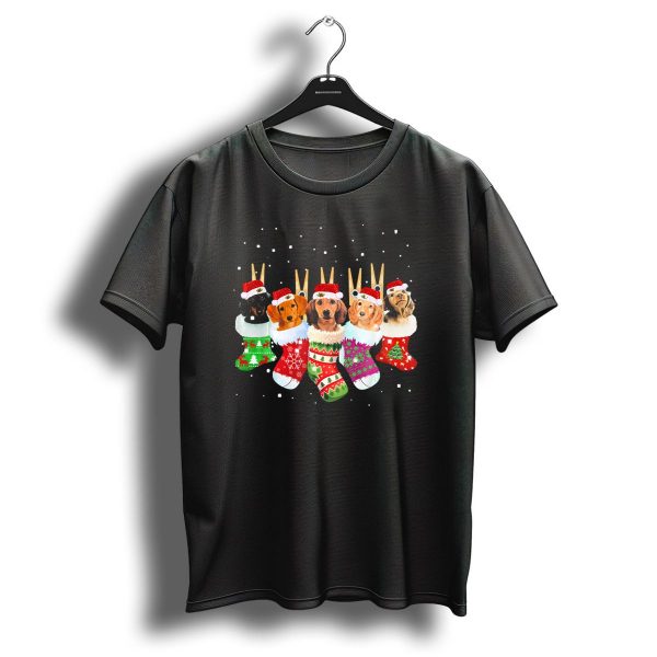 Dachshunds In Santa Hats Inside Colorful Christmas Socks T Shirt 1 t shirt 1