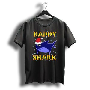 Daddy Shark Christmas Santa Hat Snowflakes Blue Shark T Shirt