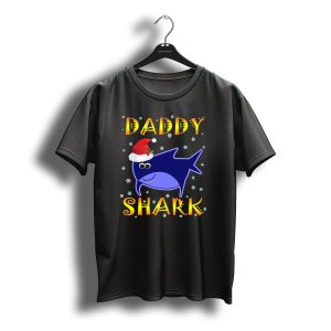 Daddy Shark Christmas Santa Hat Snowflakes Blue Shark T-Shirt