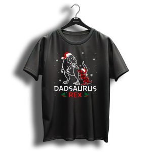 Dadsaurus Rex Christmas Santa Hat Snowflakes Holly Plaid Dinosaur T Shirt