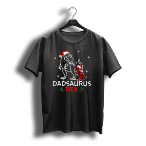 Dadsaurus Rex Christmas Santa Hat Snowflakes Holly Plaid Dinosaur T-Shirt