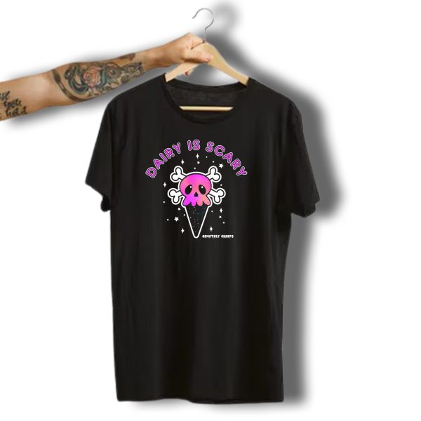 Dairy Is Scary Vegan Halloween Horror Cemetery Creeps Skullicone T Shirt t shirt 1
