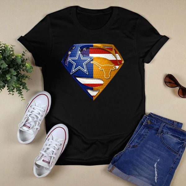 Dallas Cowboys Texas Longhorns Superman Shield American Flag Blend T Shirt Style 1 Black 1
