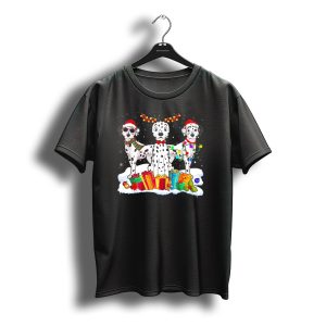 Dalmatian Christmas Santa Hat With Reindeer Antlers And Holiday Gifts T-Shirt