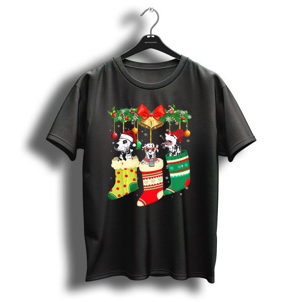 Dalmatian Christmas Stockings With Holiday Bells And Festive Hats T Shirt 1 t shirt 1