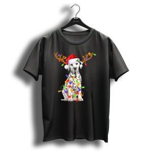 Dalmatian Puppy With Santa Hat And Reindeer Antlers Wrapped In Christmas Lights T Shirt